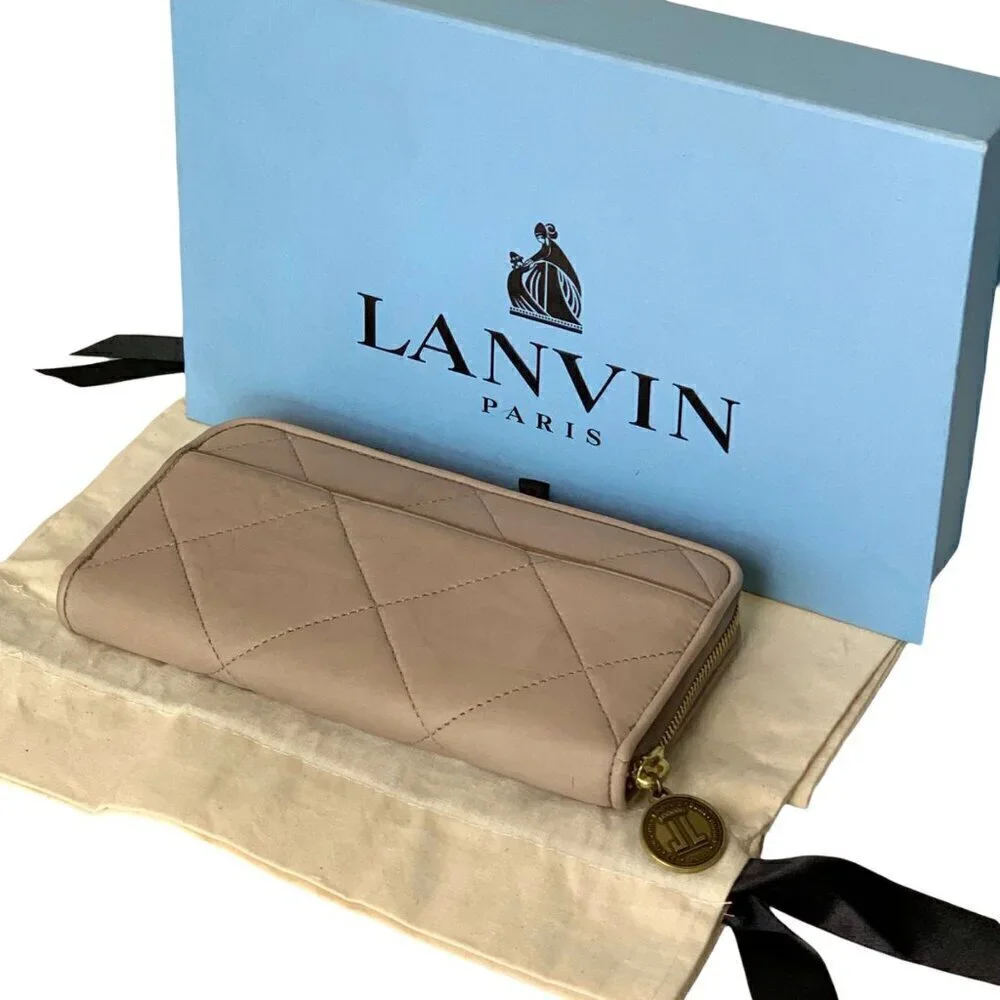 NWT LANVIN Amalia Large Zip Around Continental Wallet Tan Leather Quilted Cards